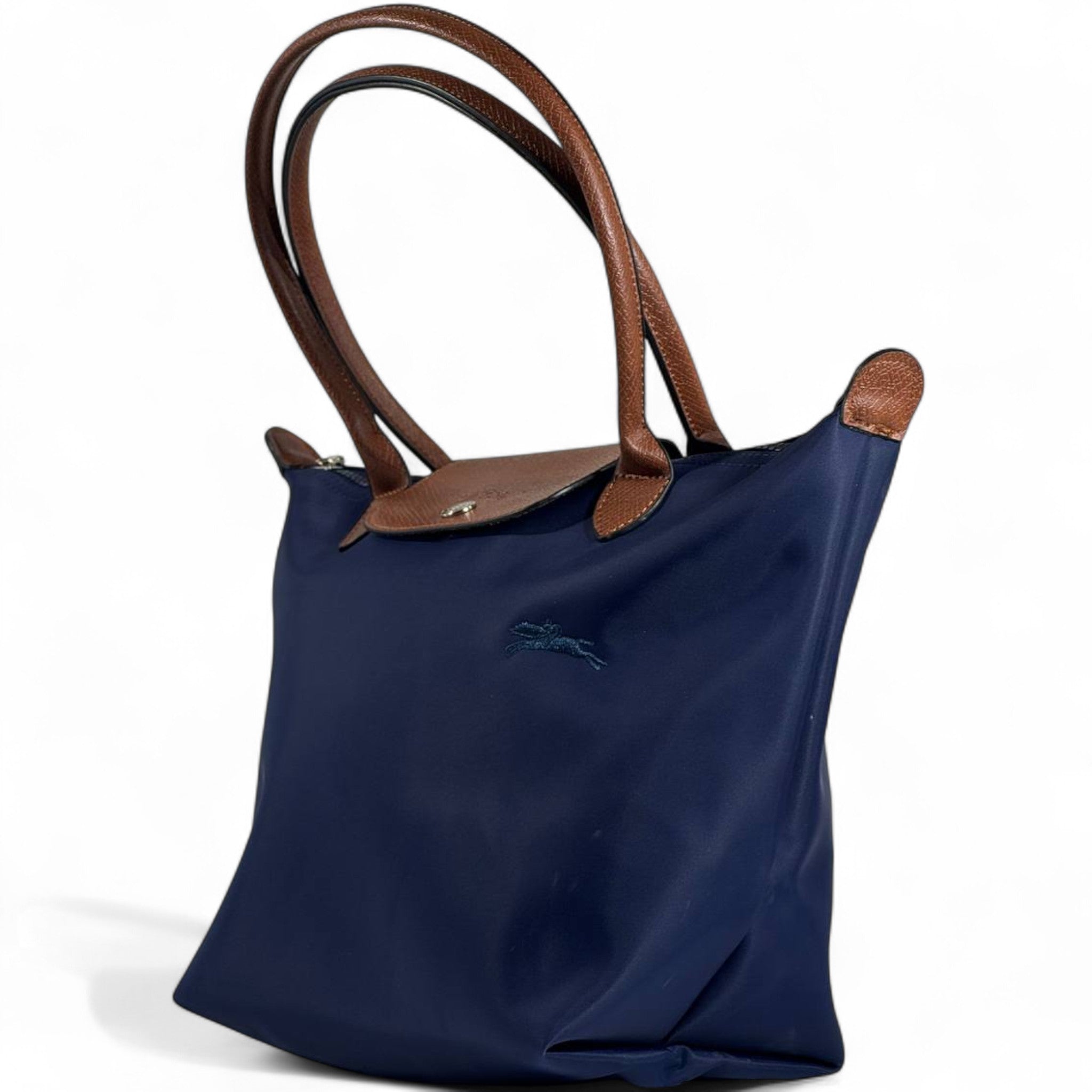 Longchamp Le Pliage Tote 🌊 Navy Blue & Brown – Timeless Parisian Chic