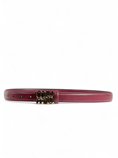 Miu Miu Burgundy Leather Belt 🍷 | 110 cm Gold Logo Buckle – Chic Statement Piece