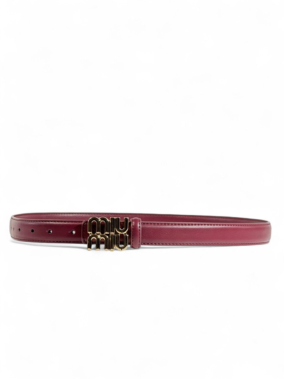 Miu Miu Burgundy Leather Belt 🍷 | 110 cm Gold Logo Buckle – Chic Statement Piece