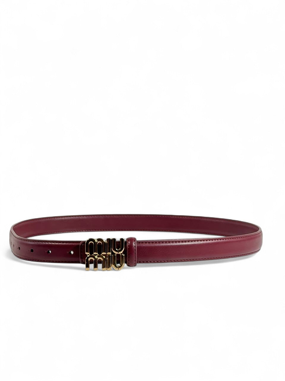 Miu Miu Burgundy Leather Belt 🍷 | 110 cm Gold Logo Buckle – Chic Statement Piece