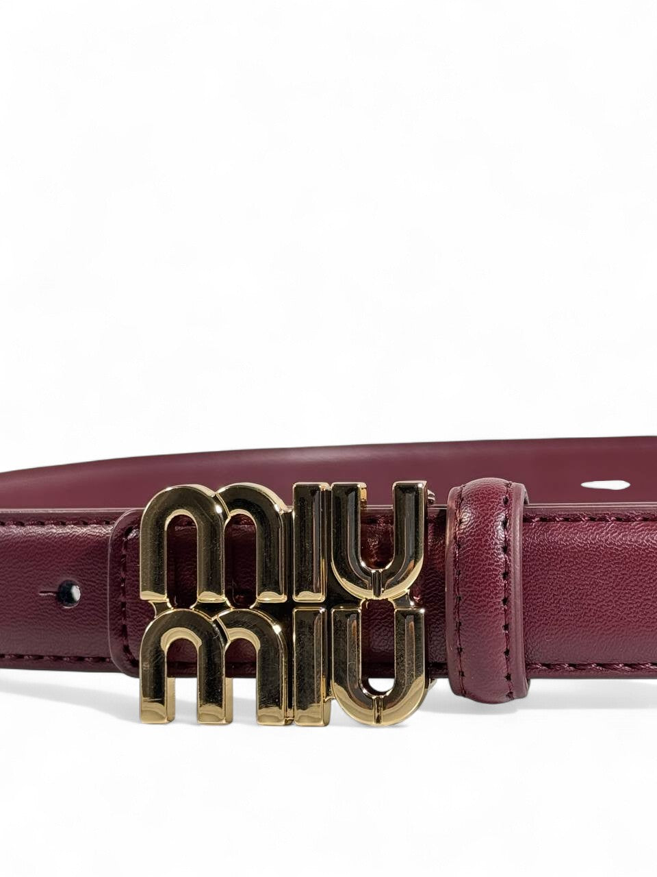 Miu Miu Burgundy Leather Belt 🍷 | 110 cm Gold Logo Buckle – Chic Statement Piece
