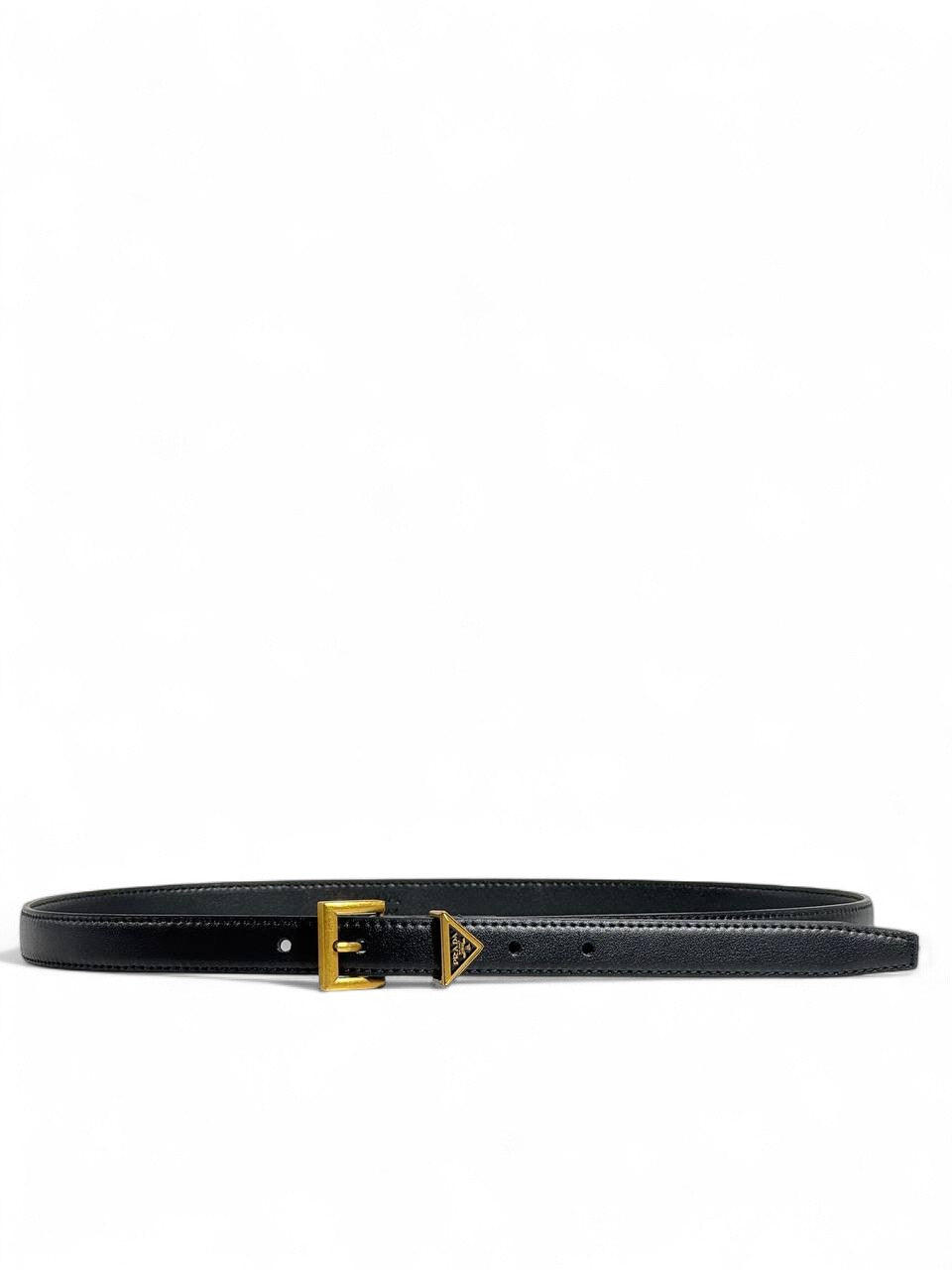 ✨ Prada Triangle Logo Buckle Belt 🖤 Black Leather — 105 cm | Gold Buckle Luxury Accessory