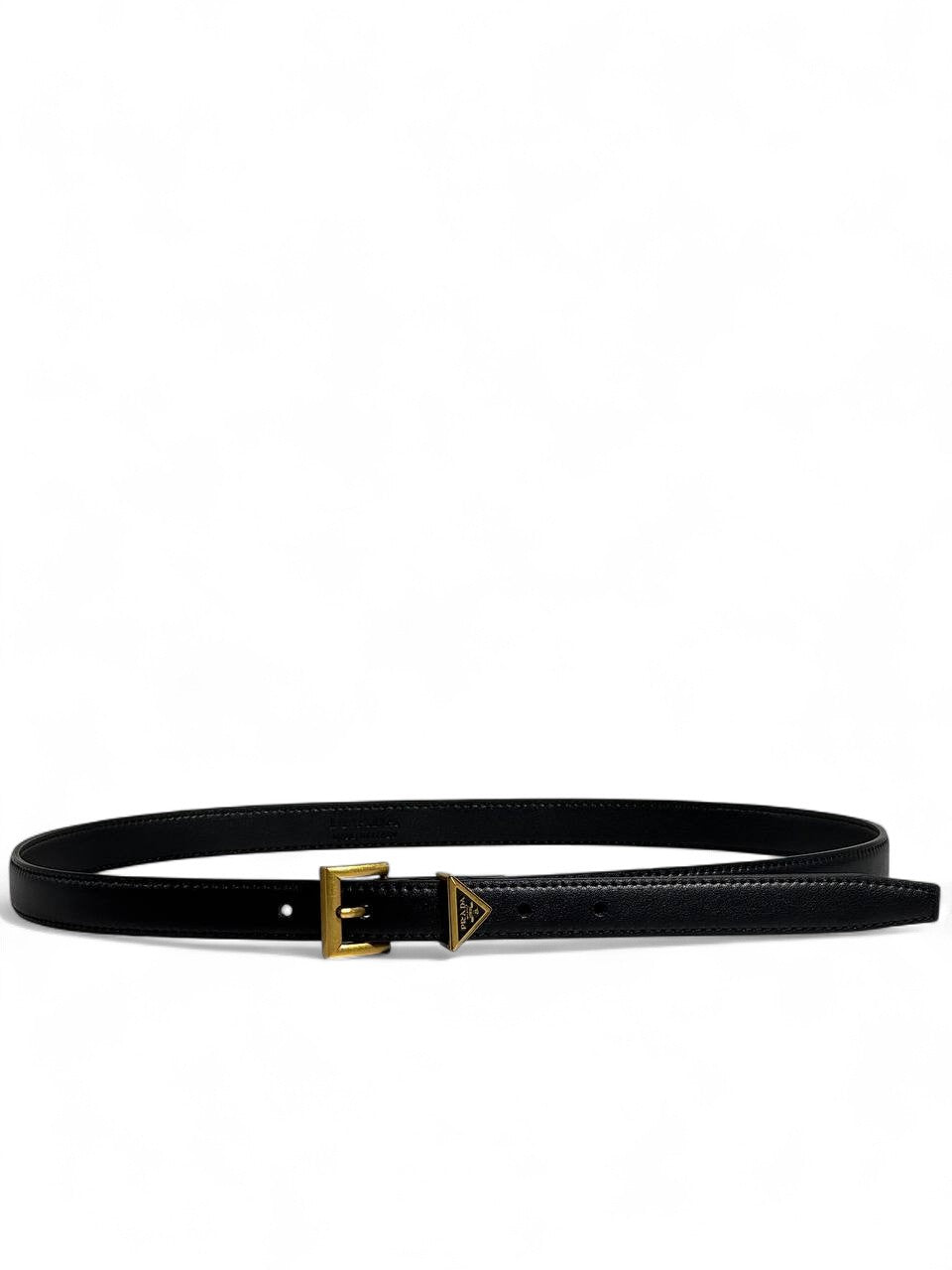 ✨ Prada Triangle Logo Buckle Belt 🖤 Black Leather — 105 cm | Gold Buckle Luxury Accessory