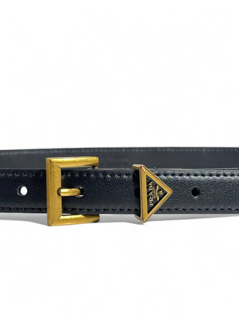 ✨ Prada Triangle Logo Buckle Belt 🖤 Black Leather — 105 cm | Gold Buckle Luxury Accessory