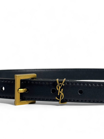 ✨ YSL Black Leather Belt with Gold Buckle — 100 cm | Timeless Luxury Accessory