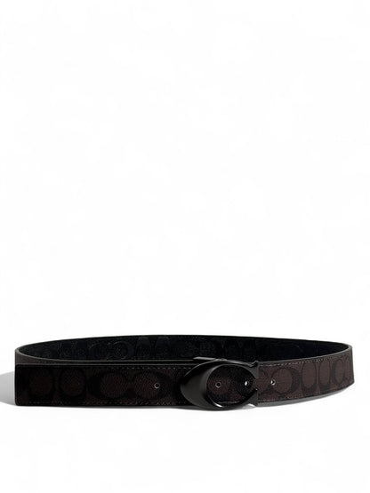 Coach Signature Belt 🖤 | Dark Brown & Black with Black Buckle – 120 cm