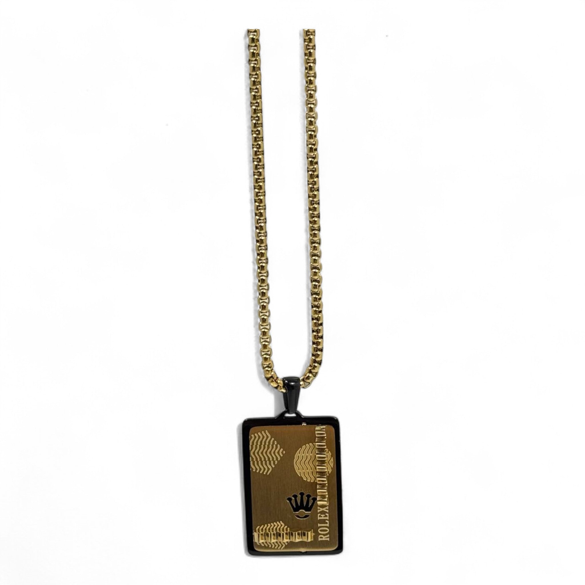 🖤✨ Rolex-Inspired Rectangle Pendant – Black & Gold | Stainless Steel | 40cm