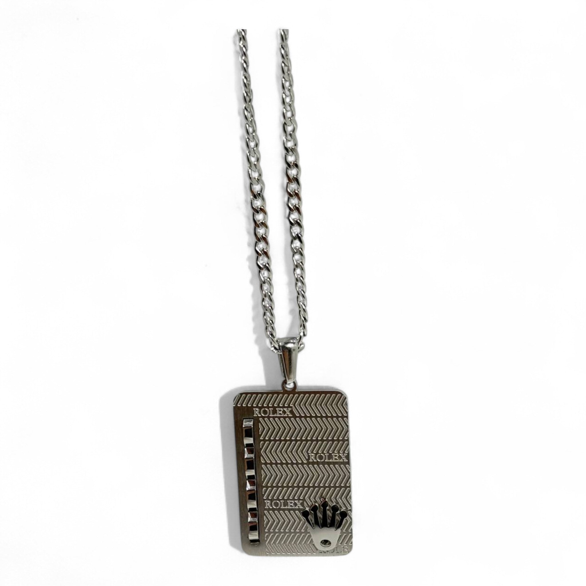 🧊 Rolex-Inspired Pendant – Silver Textured Stainless Steel | 40cm