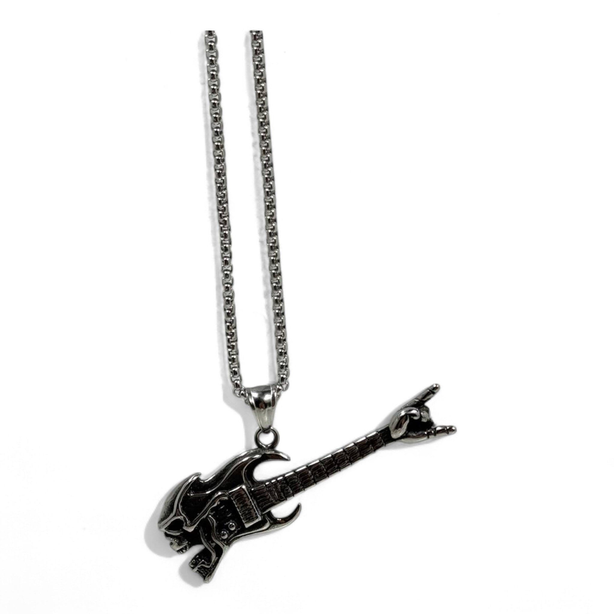 🎸 Rock & Roll Guitar Pendant – Skull & Horns | Stainless Steel | 40cm