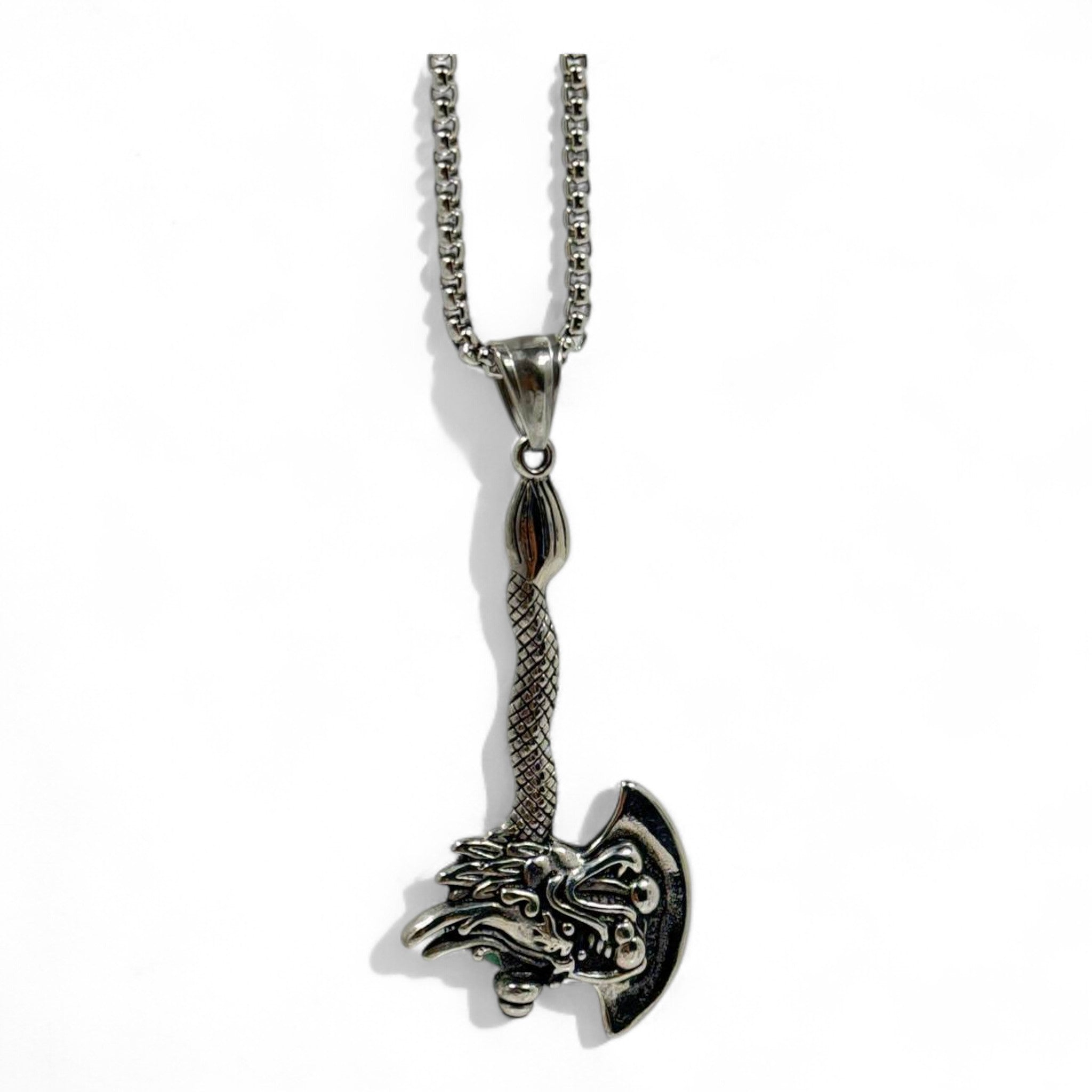 🐉 Dragon Axe Pendant – Fantasy Weapon Necklace | Stainless Steel | 40cm