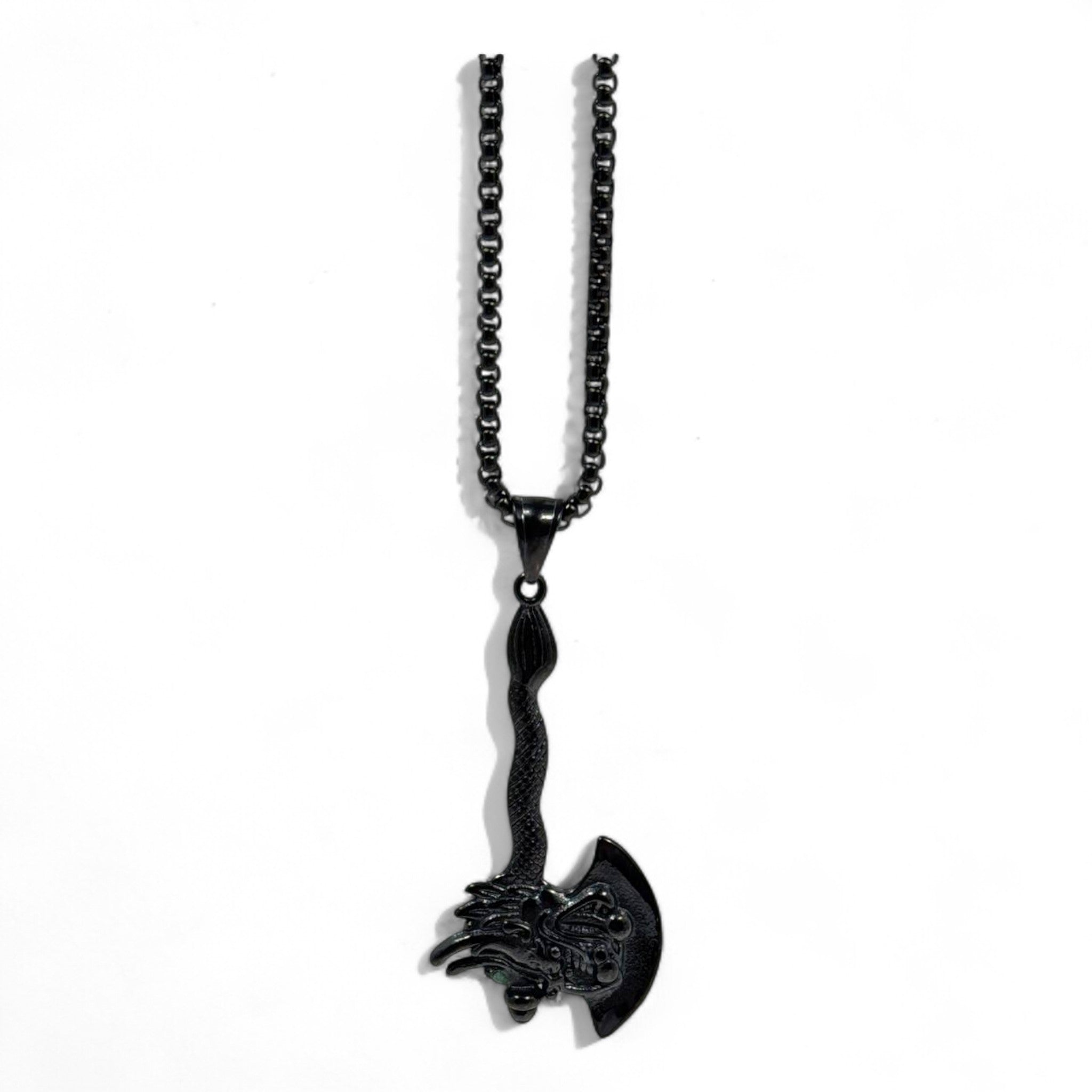 🖤 Midnight Dragon Axe Pendant – Dark Warrior Necklace | Stainless Steel | 40cm