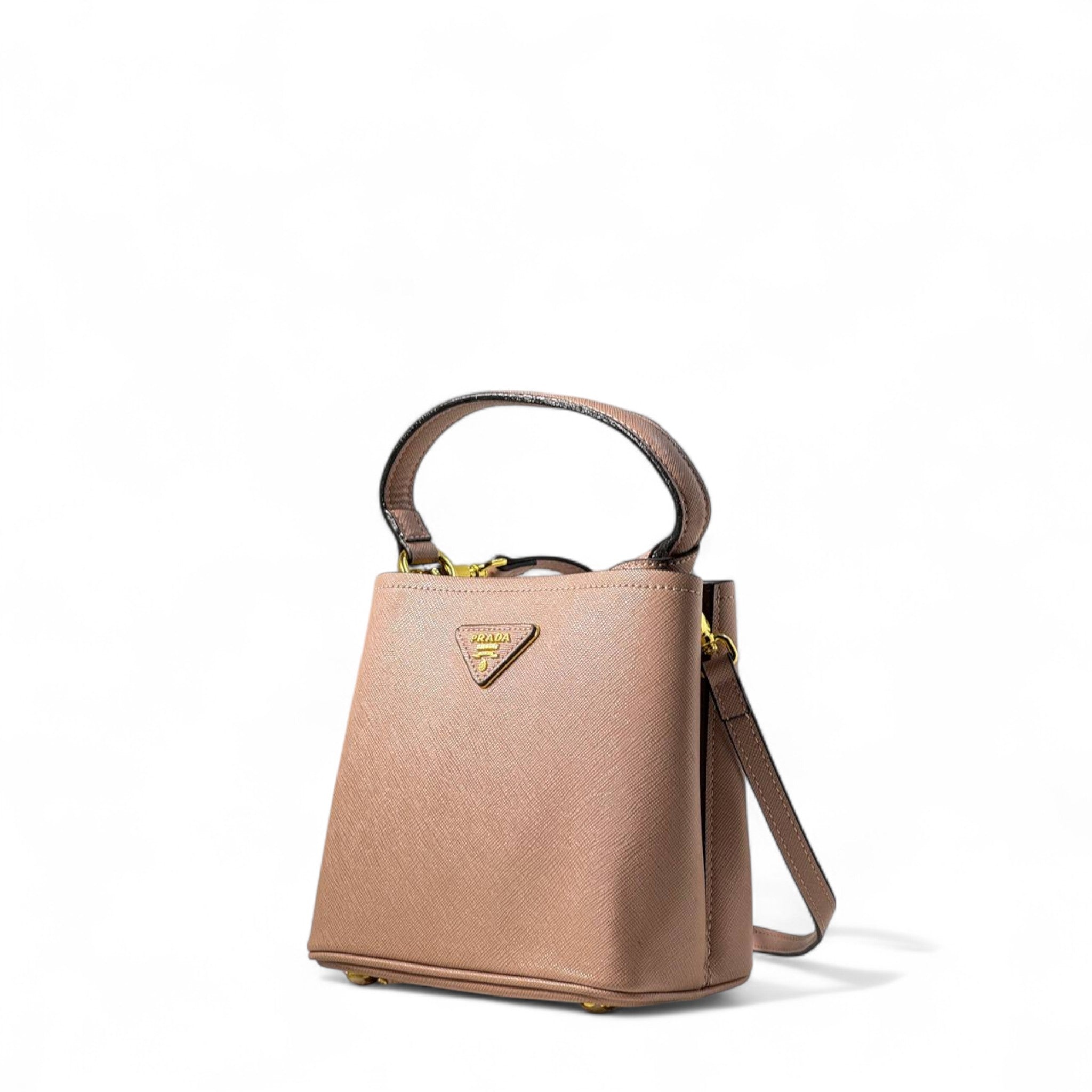 🌸 Prada Blush Pink Saffiano Leather Mini Bag – Gold Logo | Luxury Top Handle & Crossbody