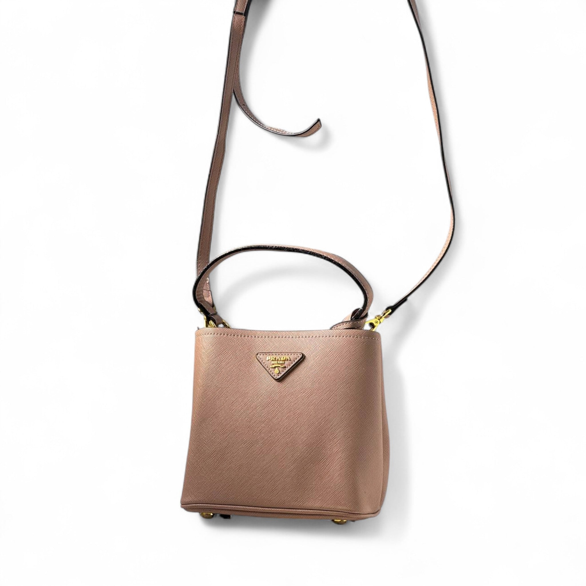 🌸 Prada Blush Pink Saffiano Leather Mini Bag – Gold Logo | Luxury Top Handle & Crossbody