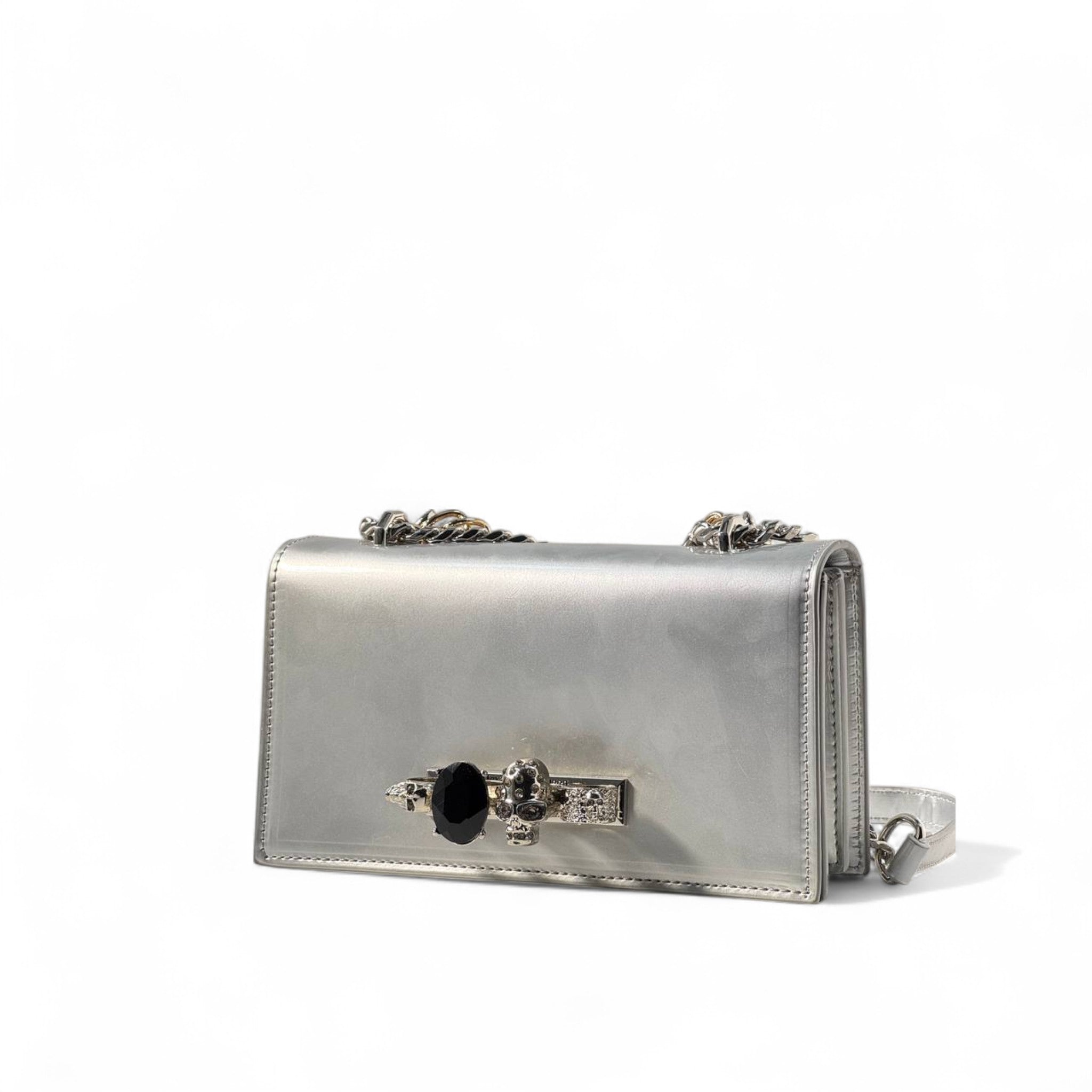 ⚡ Alexander McQueen Silver Skull Clasp Chain Bag – Metallic Glam | Luxe Crystal Detail