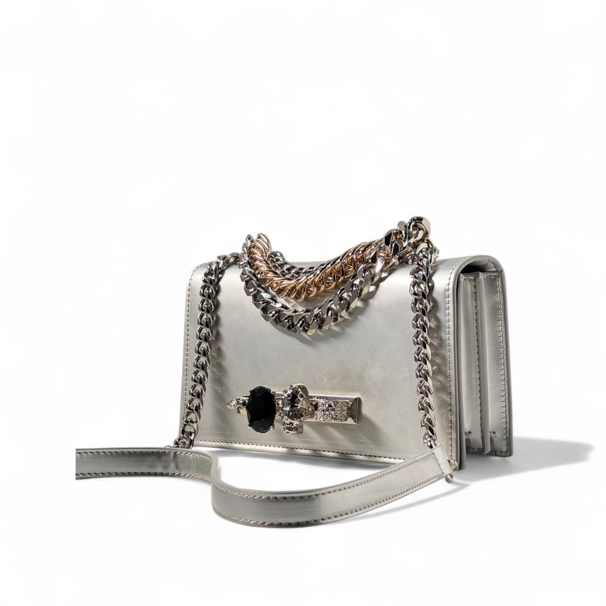 ⚡ Alexander McQueen Silver Skull Clasp Chain Bag – Metallic Glam | Luxe Crystal Detail