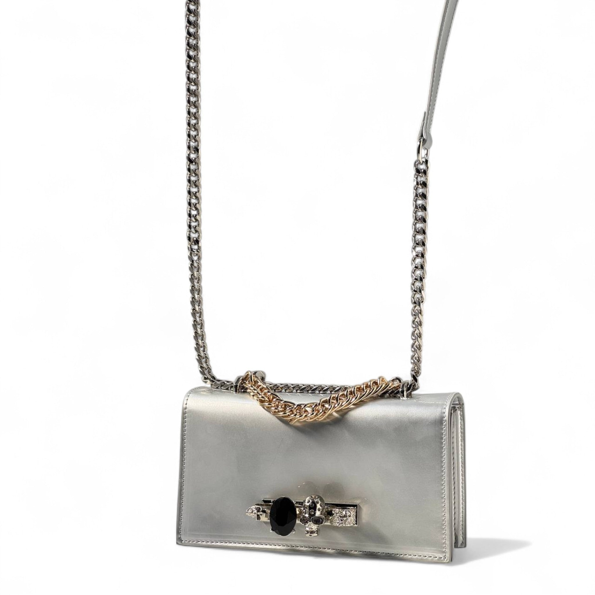 ⚡ Alexander McQueen Silver Skull Clasp Chain Bag – Metallic Glam | Luxe Crystal Detail
