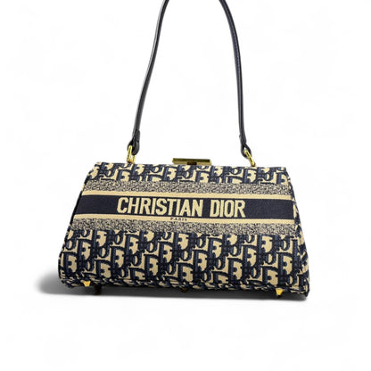 💙 Christian Dior Oblique Jacquard Bag – Navy & Beige | Signature Dior Paris Top Handle
