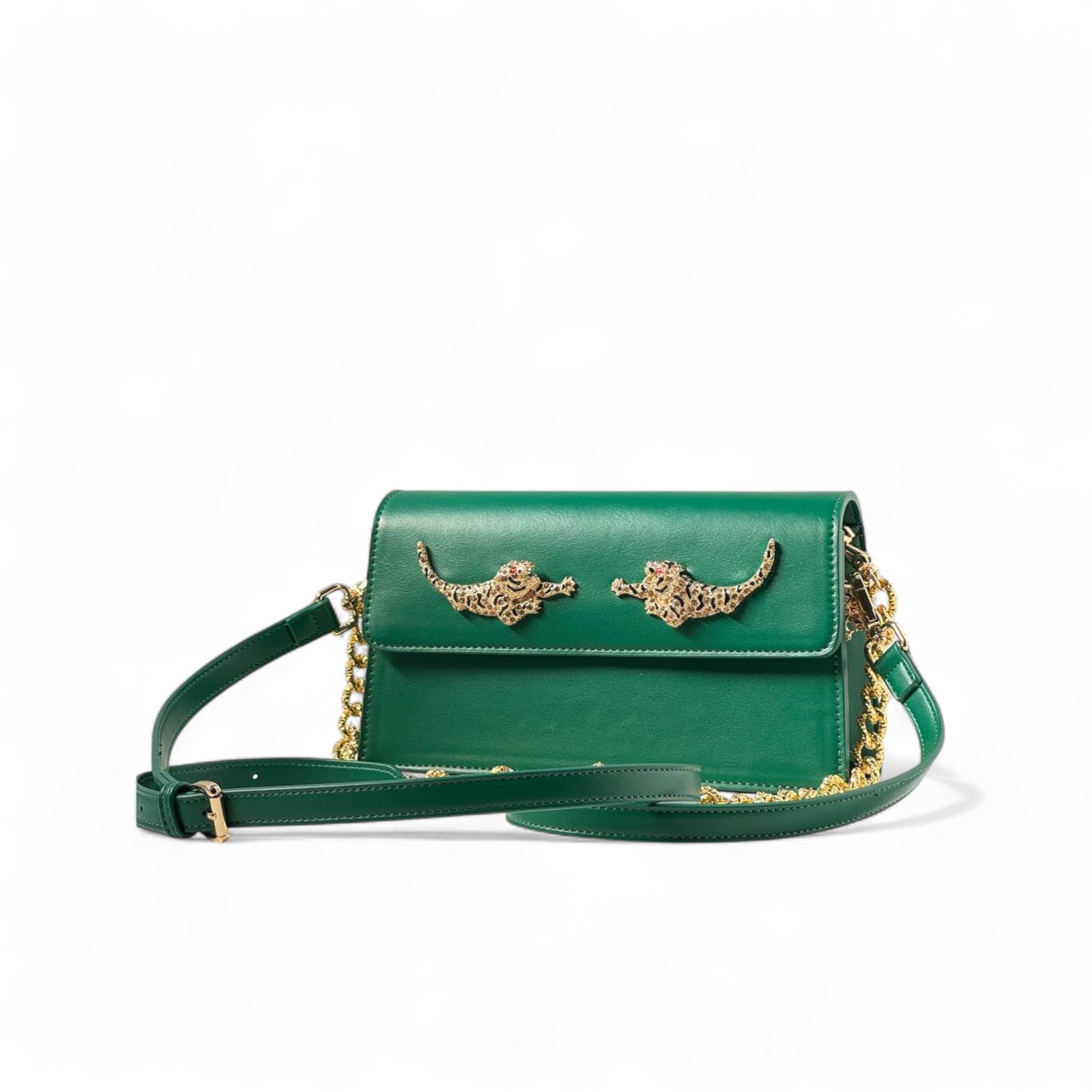 🐆 Roberto Cavalli Emerald Green Leopard Bag – Gold Chain Crossbody | Italian Exotic Glam