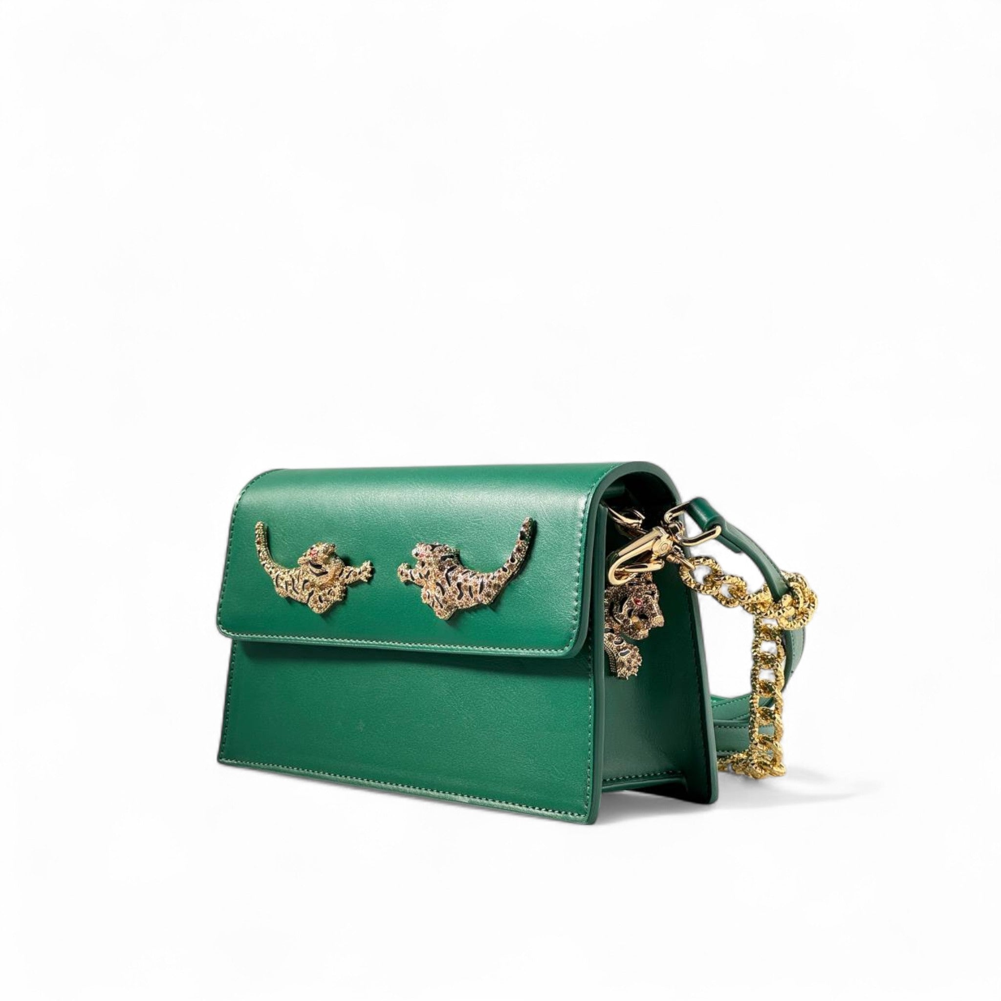 🐆 Roberto Cavalli Emerald Green Leopard Bag – Gold Chain Crossbody | Italian Exotic Glam