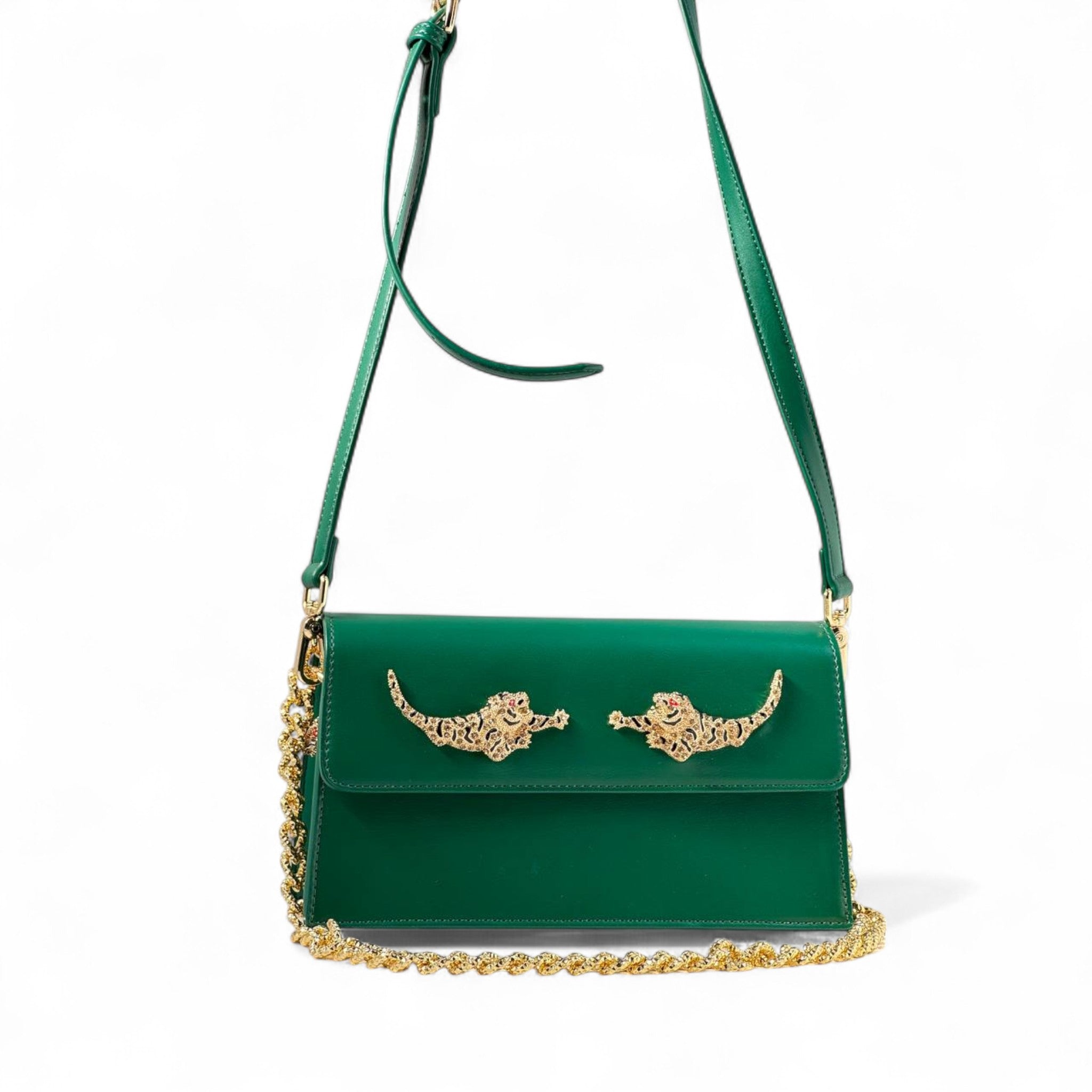 🐆 Roberto Cavalli Emerald Green Leopard Bag – Gold Chain Crossbody | Italian Exotic Glam