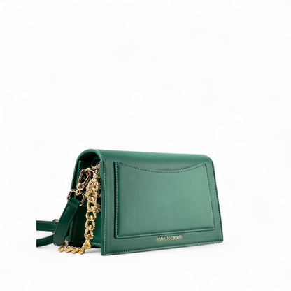 🐆 Roberto Cavalli Emerald Green Leopard Bag – Gold Chain Crossbody | Italian Exotic Glam
