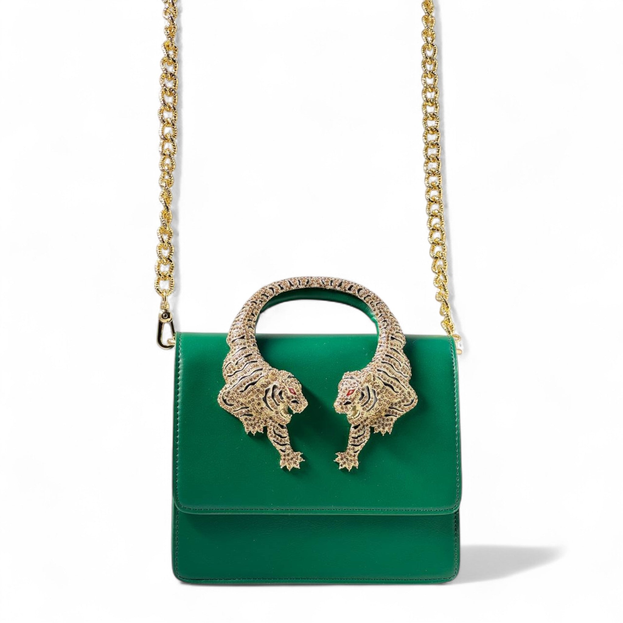🐅 Roberto Cavalli Green Tiger Handle Bag – Jeweled Top Handle & Gold Chain | Iconic Italian Luxur
