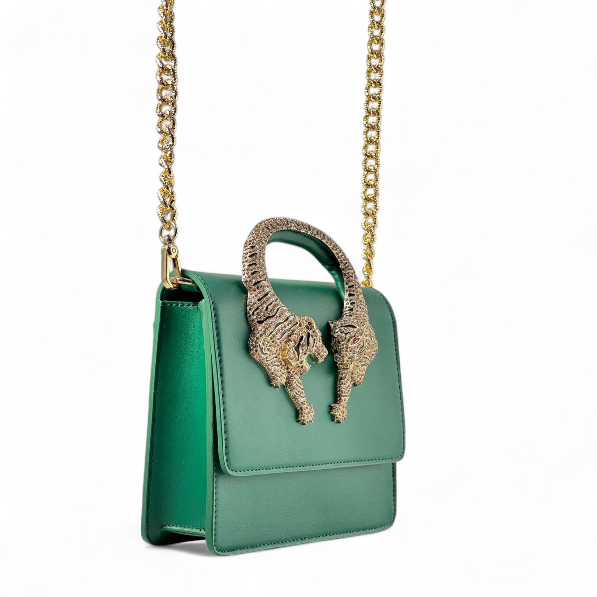 🐅 Roberto Cavalli Green Tiger Handle Bag – Jeweled Top Handle & Gold Chain | Iconic Italian Luxur