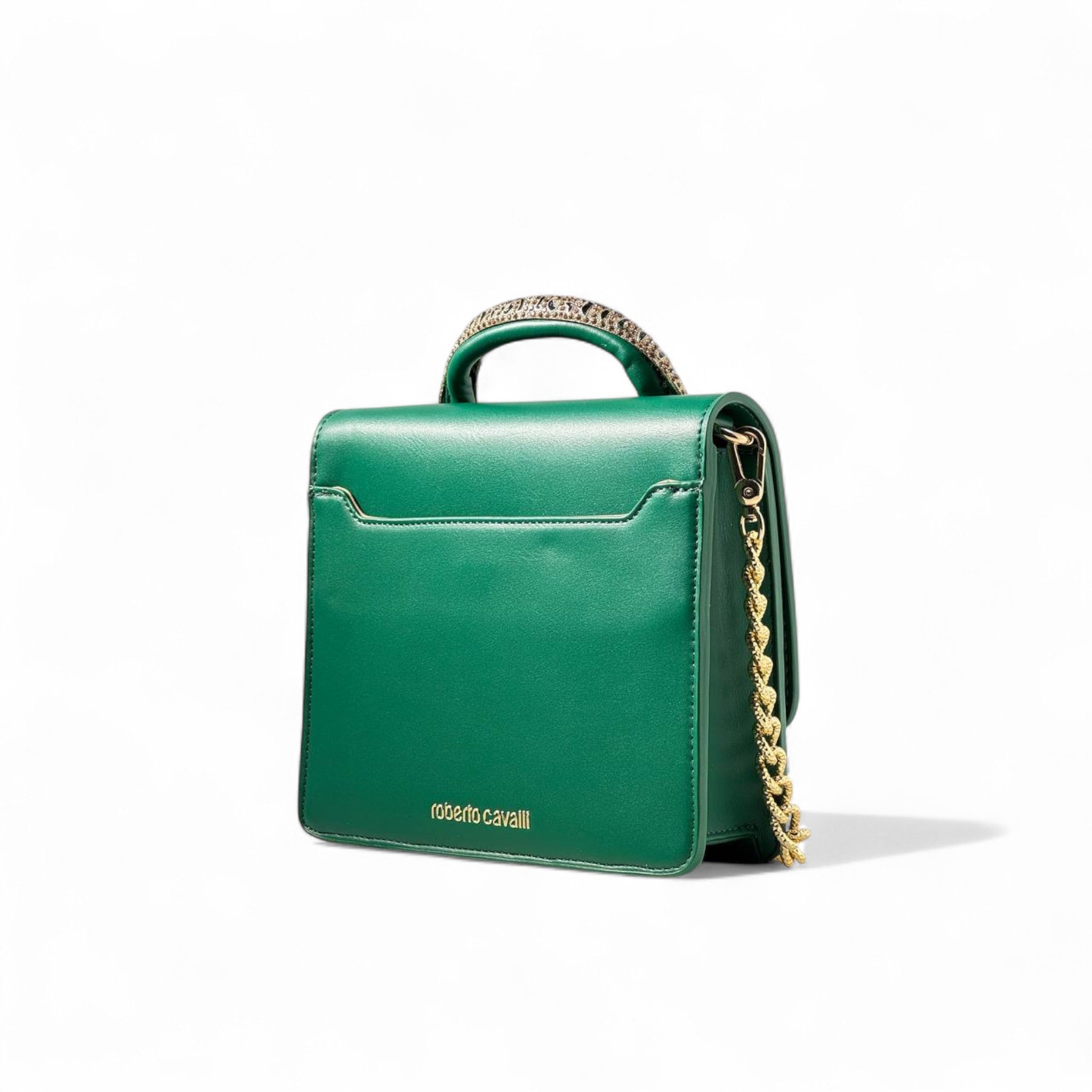 🐅 Roberto Cavalli Green Tiger Handle Bag – Jeweled Top Handle & Gold Chain | Iconic Italian Luxur