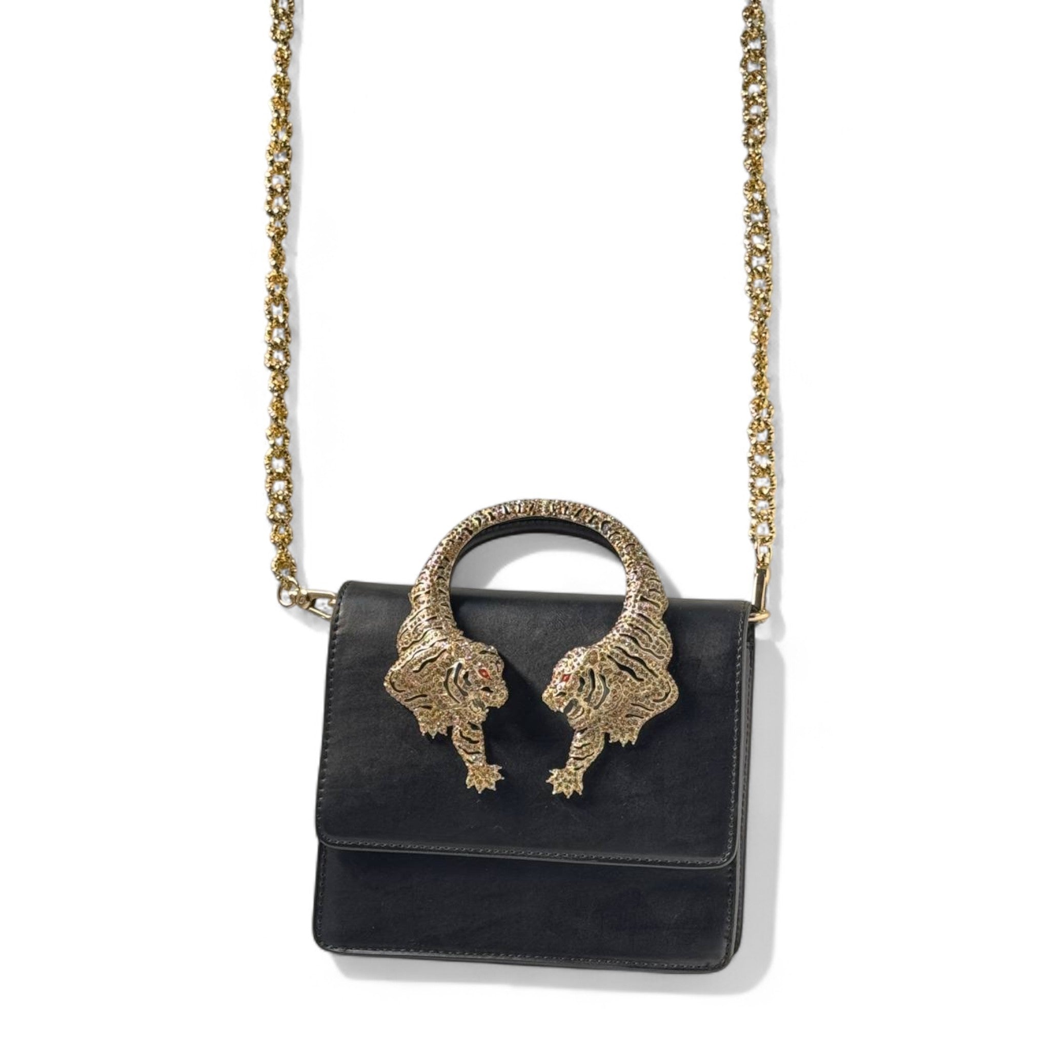 🖤 Roberto Cavalli Black Tiger Handle Bag – Jeweled Top Handle & Gold Chain | Bold Luxury Icon