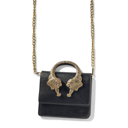 🖤 Roberto Cavalli Black Tiger Handle Bag – Jeweled Top Handle & Gold Chain | Bold Luxury Icon