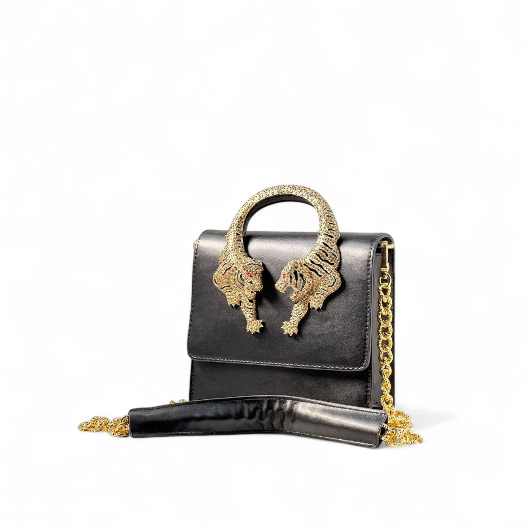🖤 Roberto Cavalli Black Tiger Handle Bag – Jeweled Top Handle & Gold Chain | Bold Luxury Icon