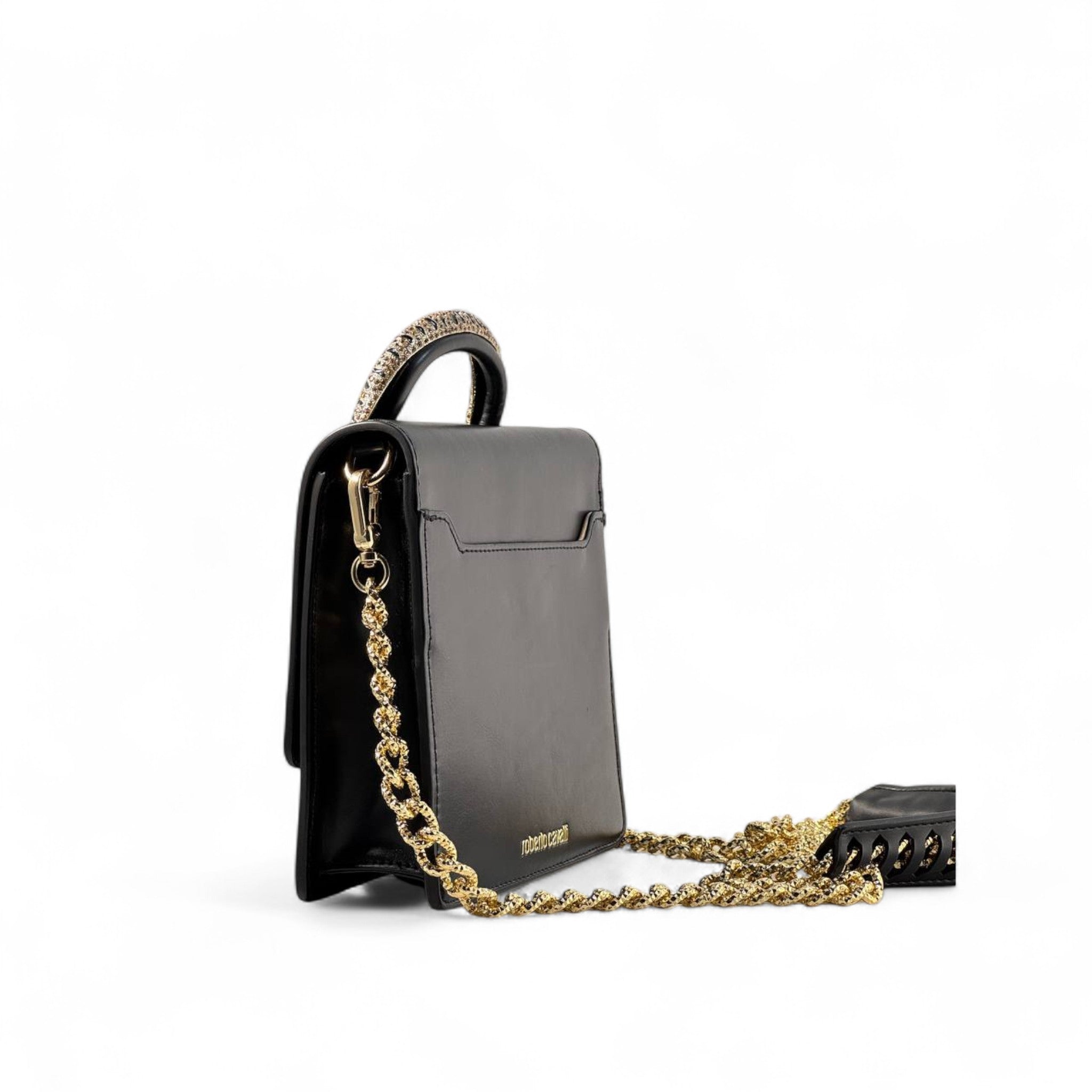 🖤 Roberto Cavalli Black Tiger Handle Bag – Jeweled Top Handle & Gold Chain | Bold Luxury Icon