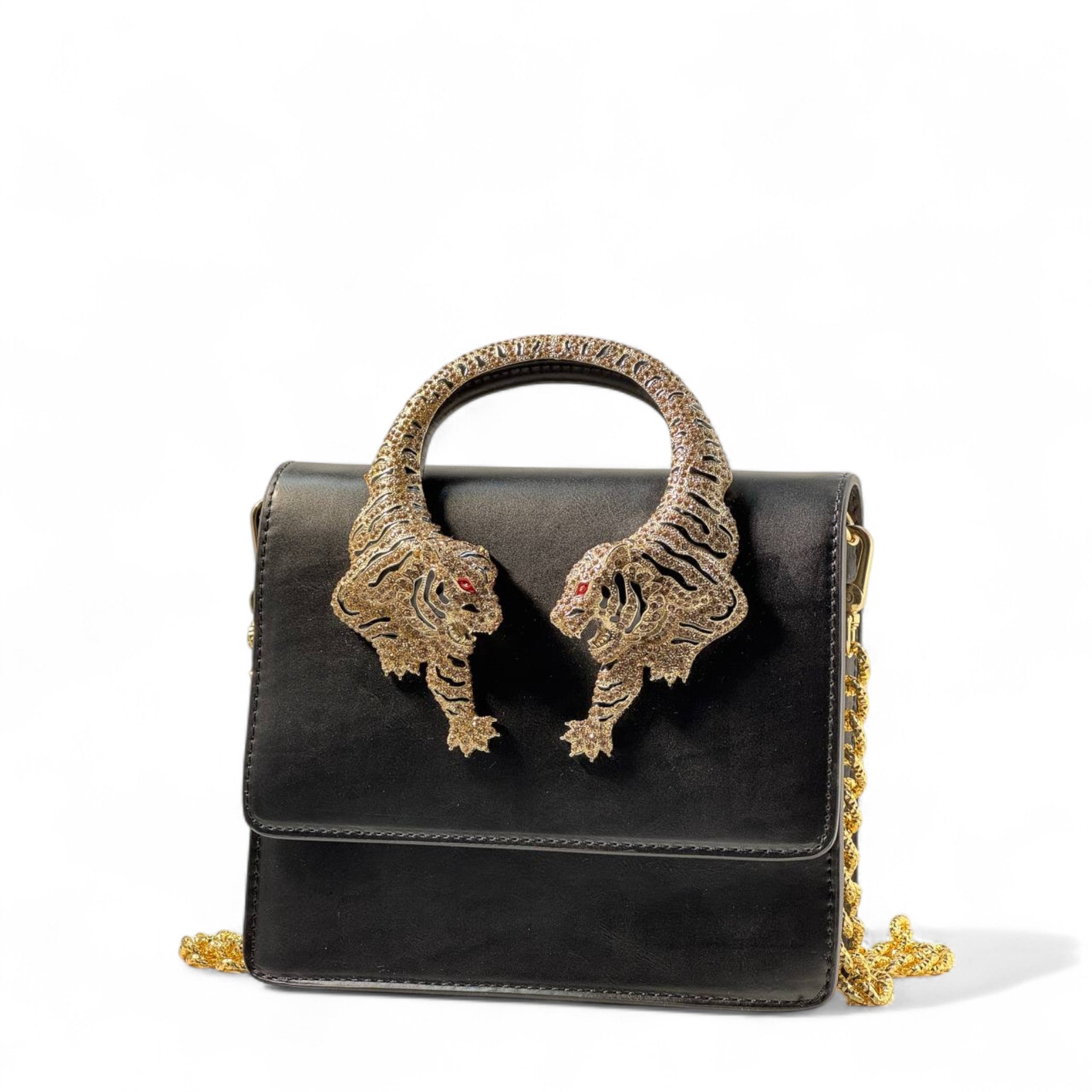🖤 Roberto Cavalli Black Tiger Handle Bag – Jeweled Top Handle & Gold Chain | Bold Luxury Icon