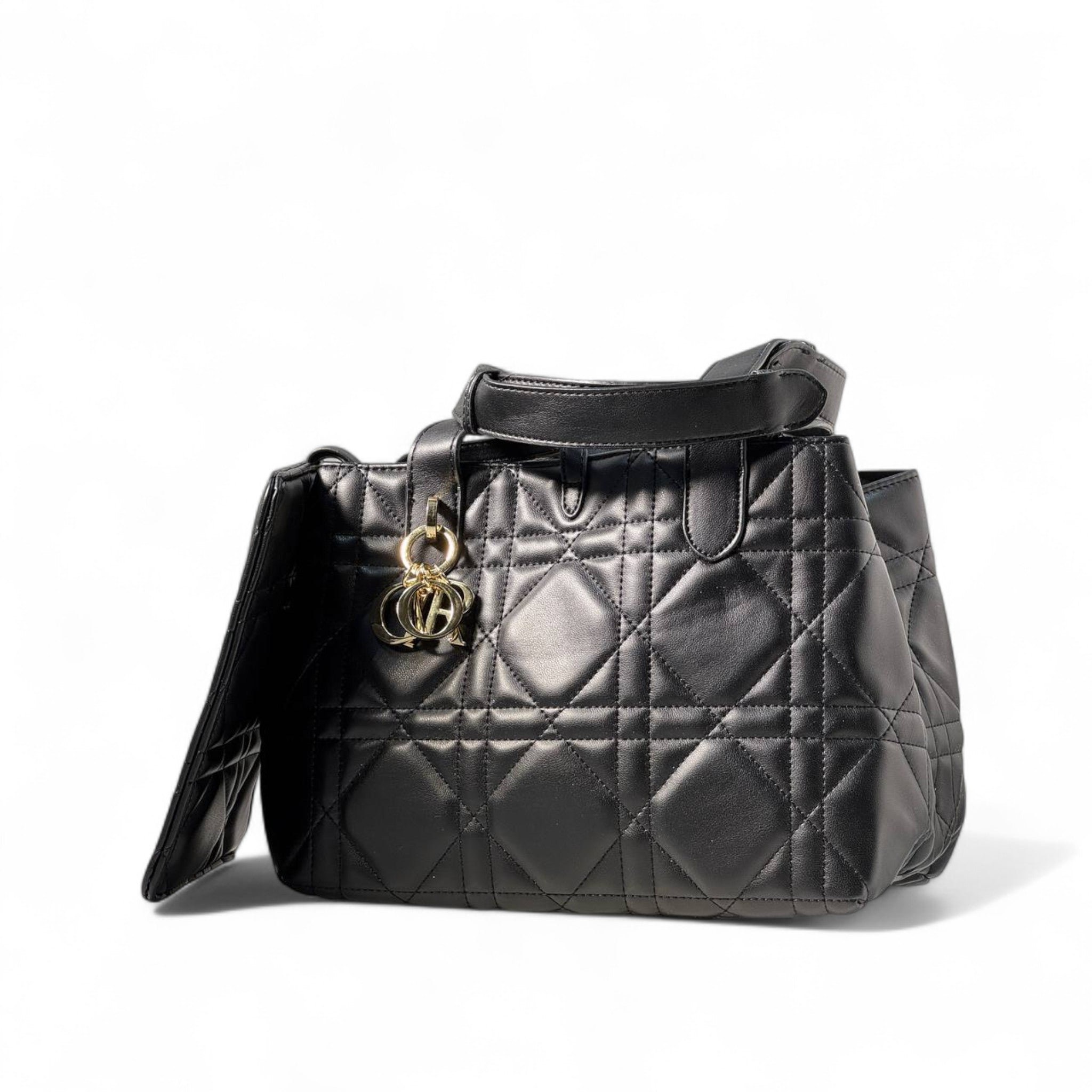 🖤 Christian Dior Black Quilted Tote Bag – Cannage Leather with Gold Charm | Timeless Parisian Elegance