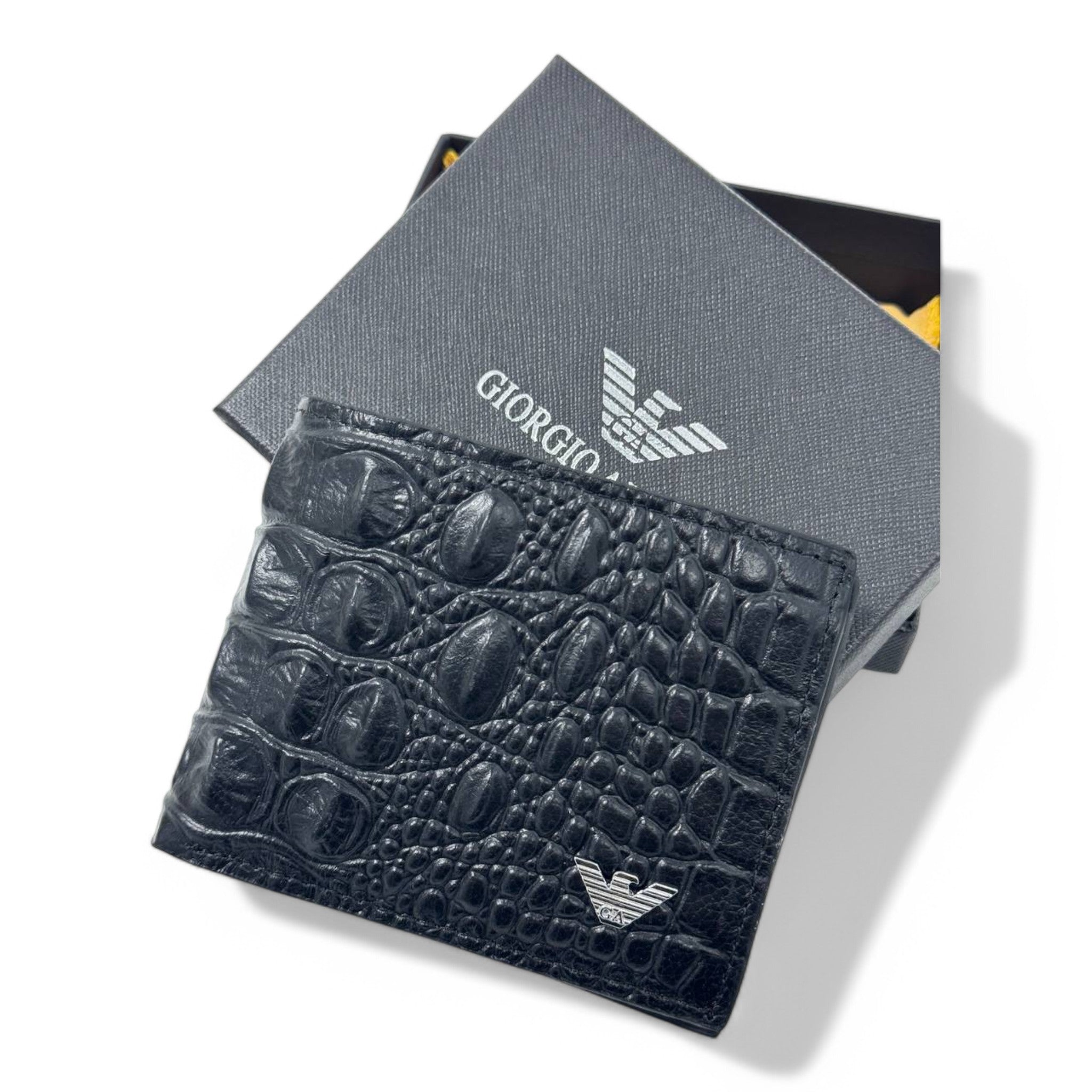 Giorgio Armani Crocodile-Pattern Leather Wallet – Luxury Black Bi-Fold Men’s Wallet