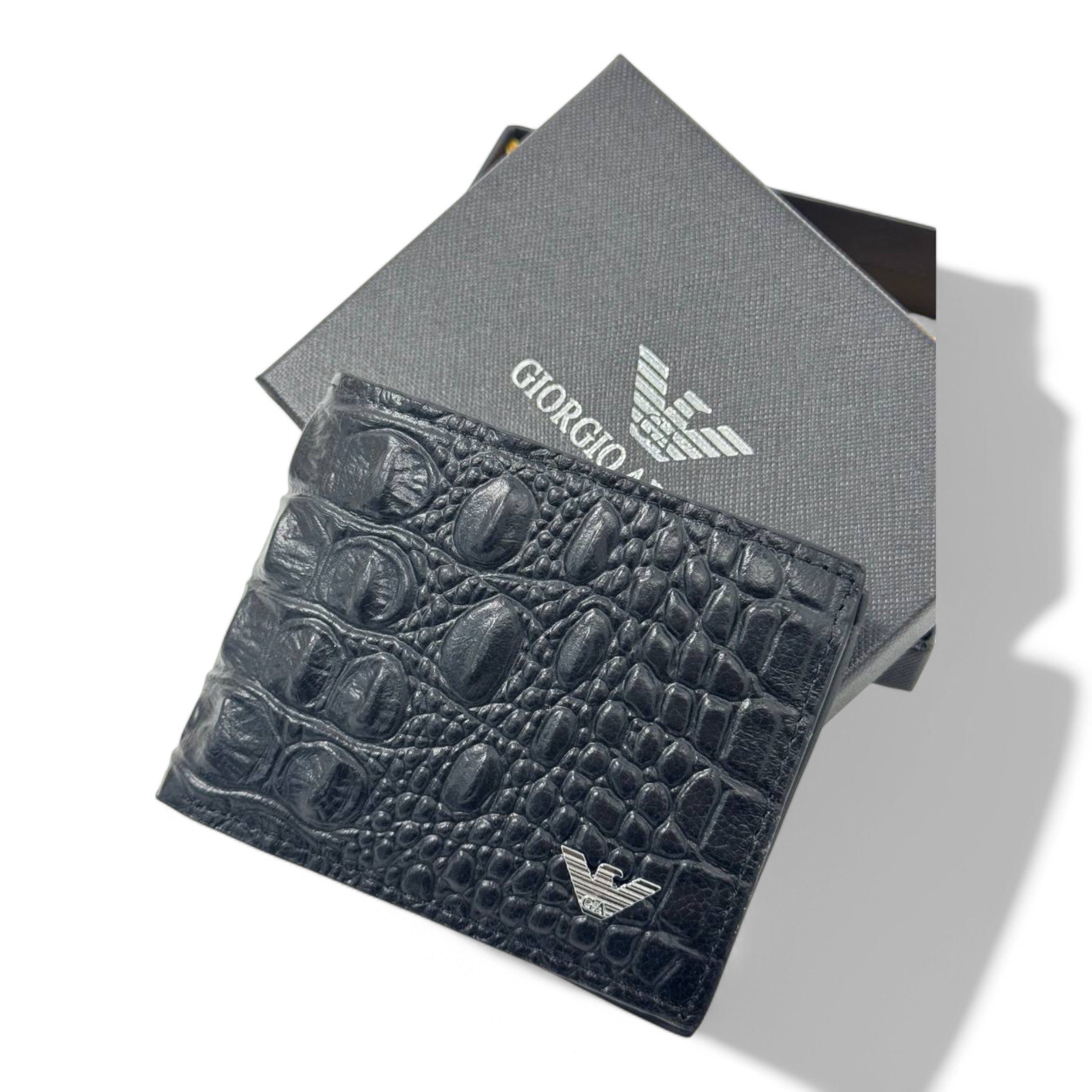 Giorgio Armani Crocodile-Pattern Leather Wallet – Luxury Black Bi-Fold Men’s Wallet