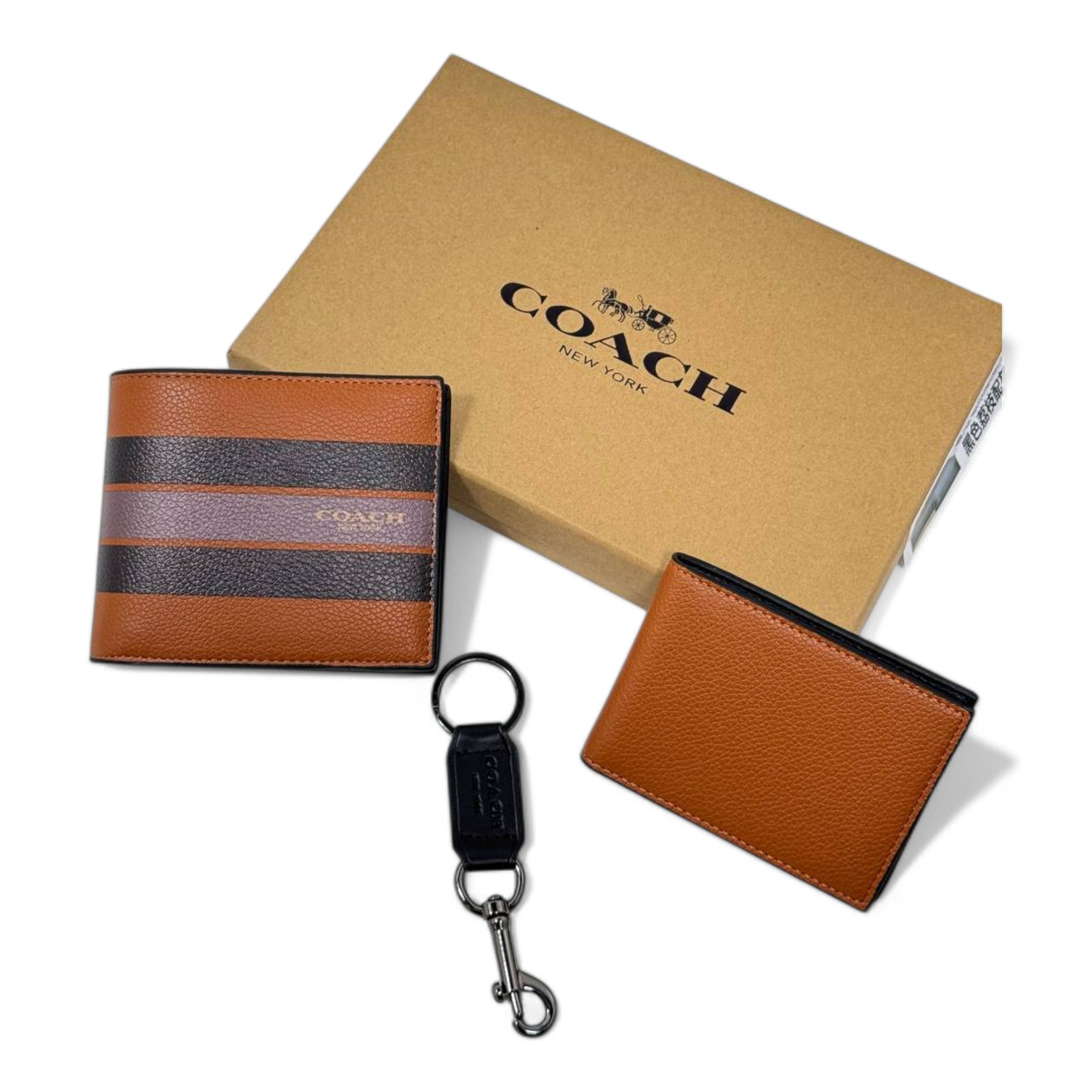 Coach 3-Piece Leather Gift Set – Bifold Wallet, Card Holder & Keychain (Tan/Brown)