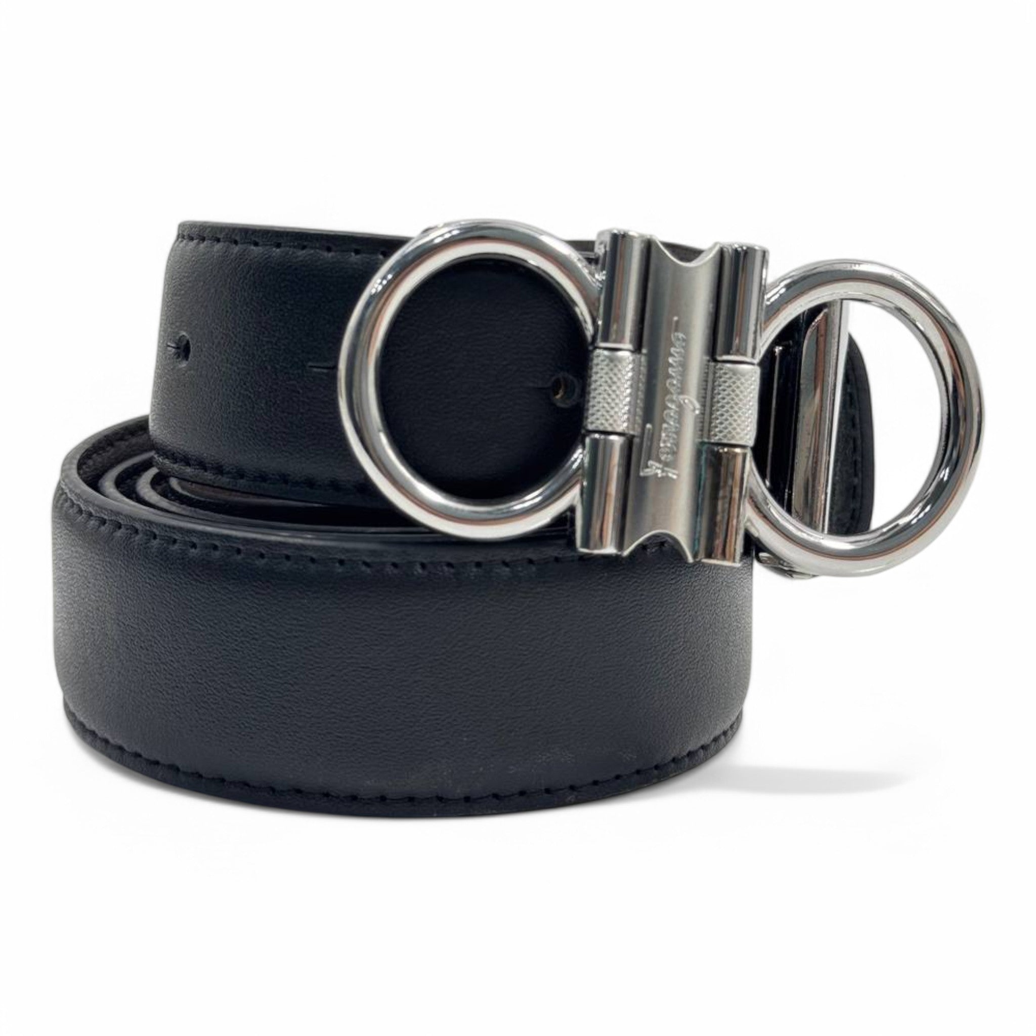 Salvatore Ferragamo Black Leather Belt with Double Ring Gancini Silver Buckle