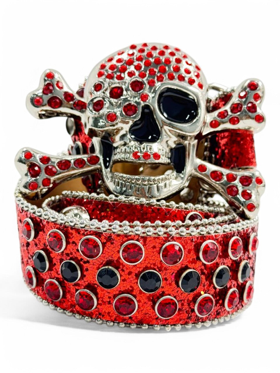 Red Glitter Skull & Crossbones Belt – Punk Rock Studded Crystal Design