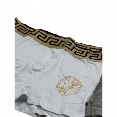 Versace Men’s Boxer Set – 3-Pack Gold Medusa Waistband (Black, Grey, White)
