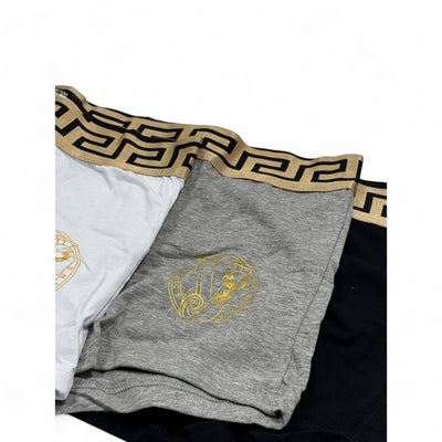 Versace Men’s Boxer Set – 3-Pack Gold Medusa Waistband (Black, Grey, White)