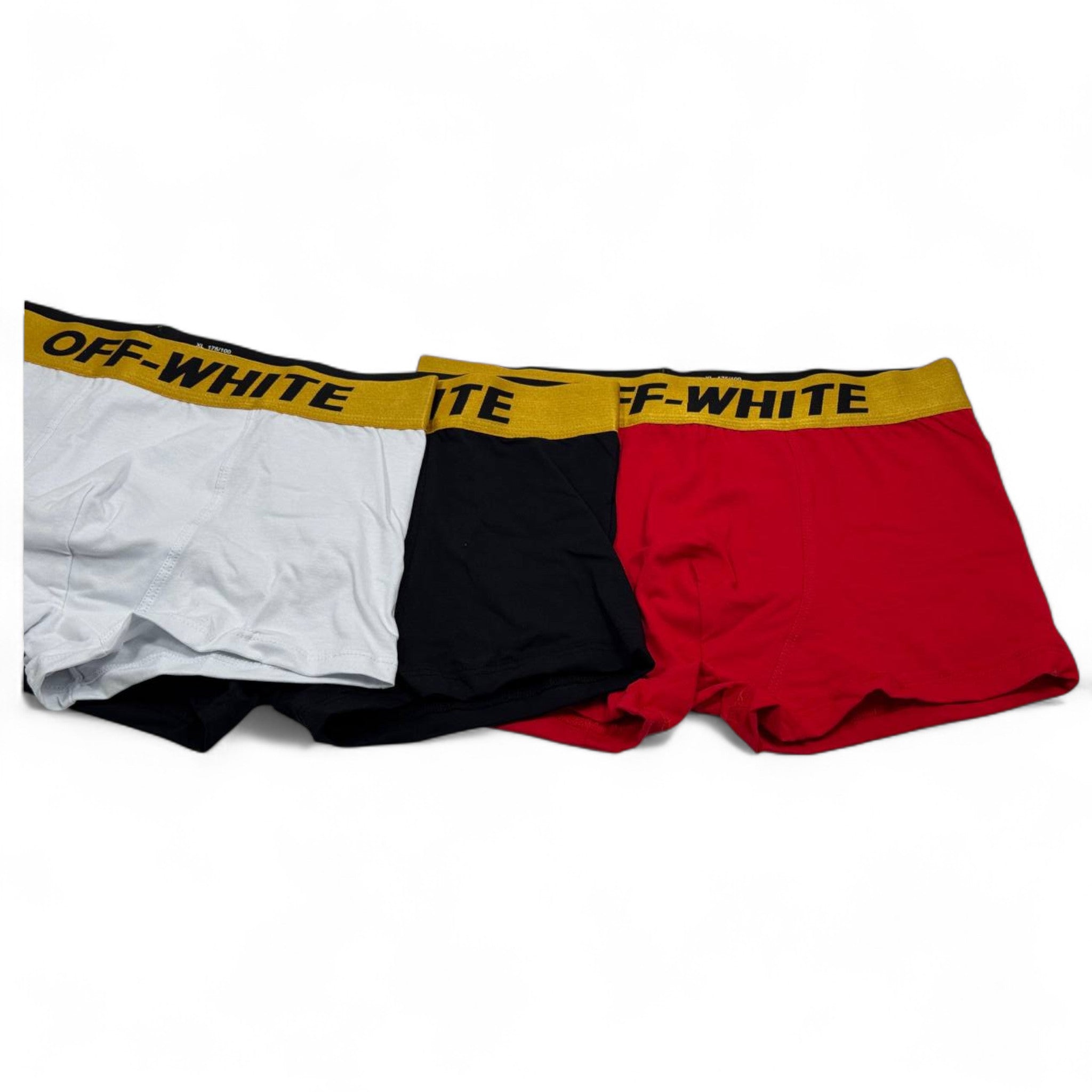 🩳 Off-White Men’s Boxer Set – 3-Pack Yellow Waistband Edition (White, Black, Red) ⚡