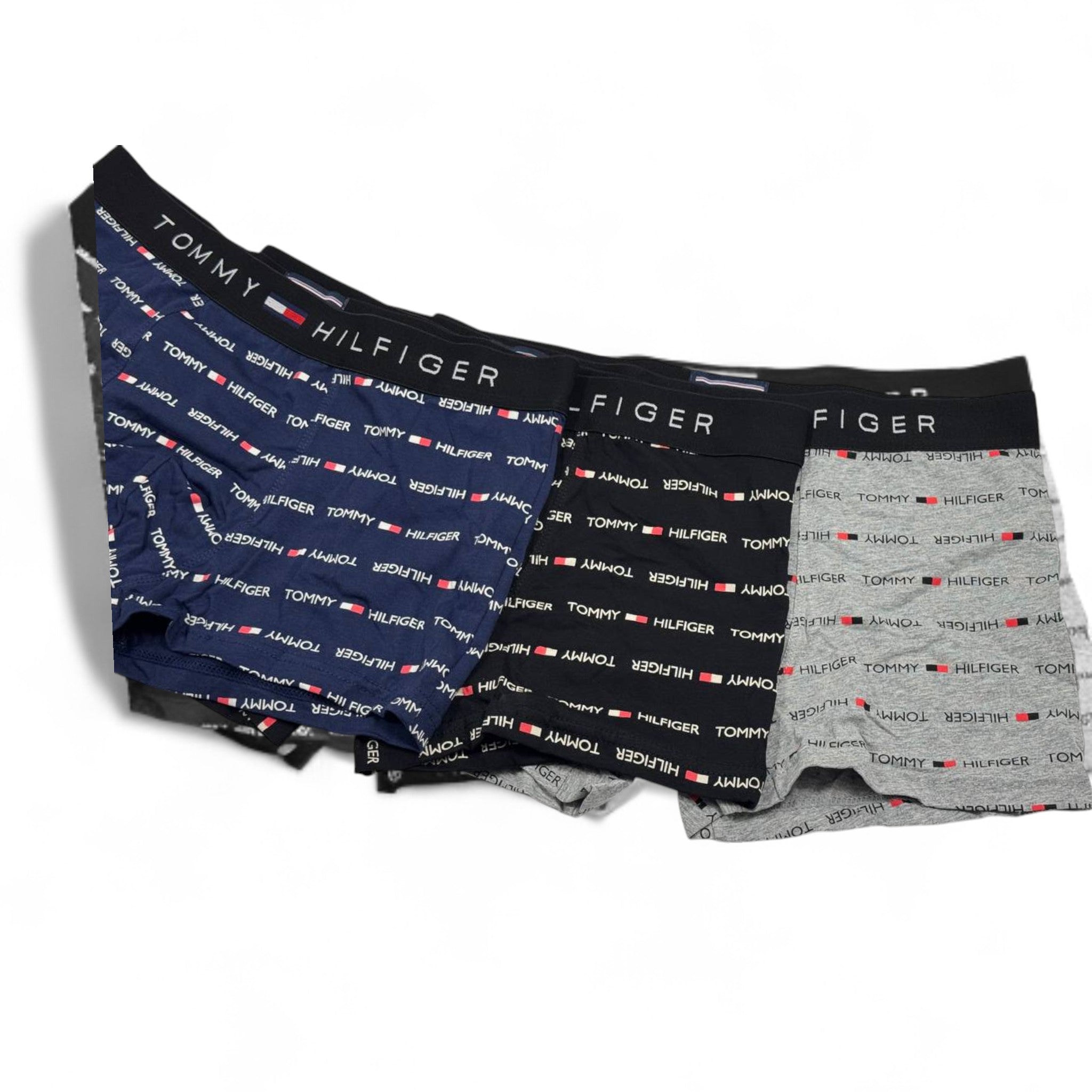 🩳 Tommy Hilfiger Men’s Boxer Set – 3-Pack All-Over Logo Print Edition (Navy, Black, Grey) 🔁