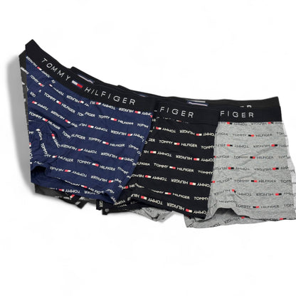 🩳 Tommy Hilfiger Men’s Boxer Set – 3-Pack All-Over Logo Print Edition (Navy, Black, Grey) 🔁