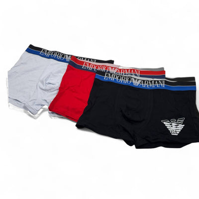 Emporio Armani Men’s Boxer Set – 3-Pack Eagle Logo Edition (Black, Red, Light Blue)