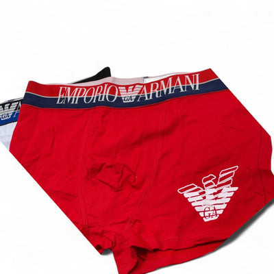 Emporio Armani Men’s Boxer Set – 3-Pack Eagle Logo Edition (Black, Red, Light Blue)