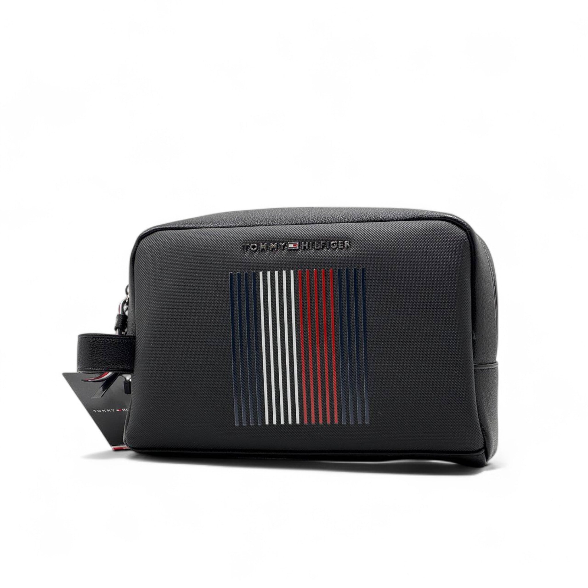 🧳 Tommy Hilfiger Black Signature Pouch – Luxe Stripe Edition 🇺🇸