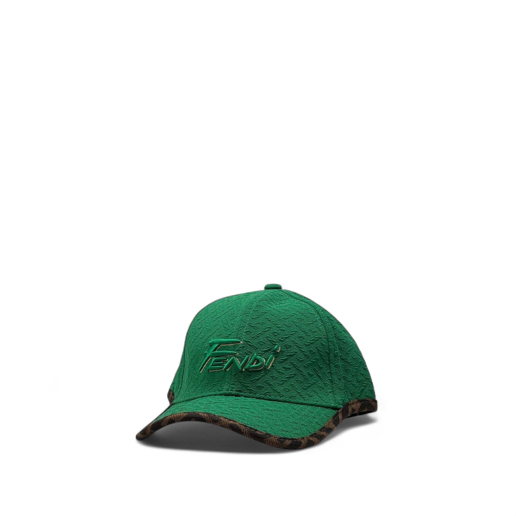 🧢 Fendi Green Textured Monogram Cap – Embossed Logo & Brown FF Trim