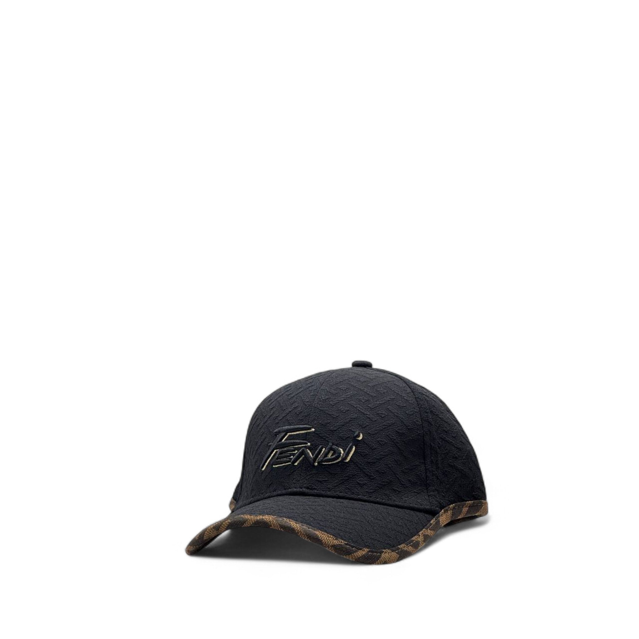 🖤 Fendi Black Embossed Monogram Cap – Brown FF Trim & Signature Logo