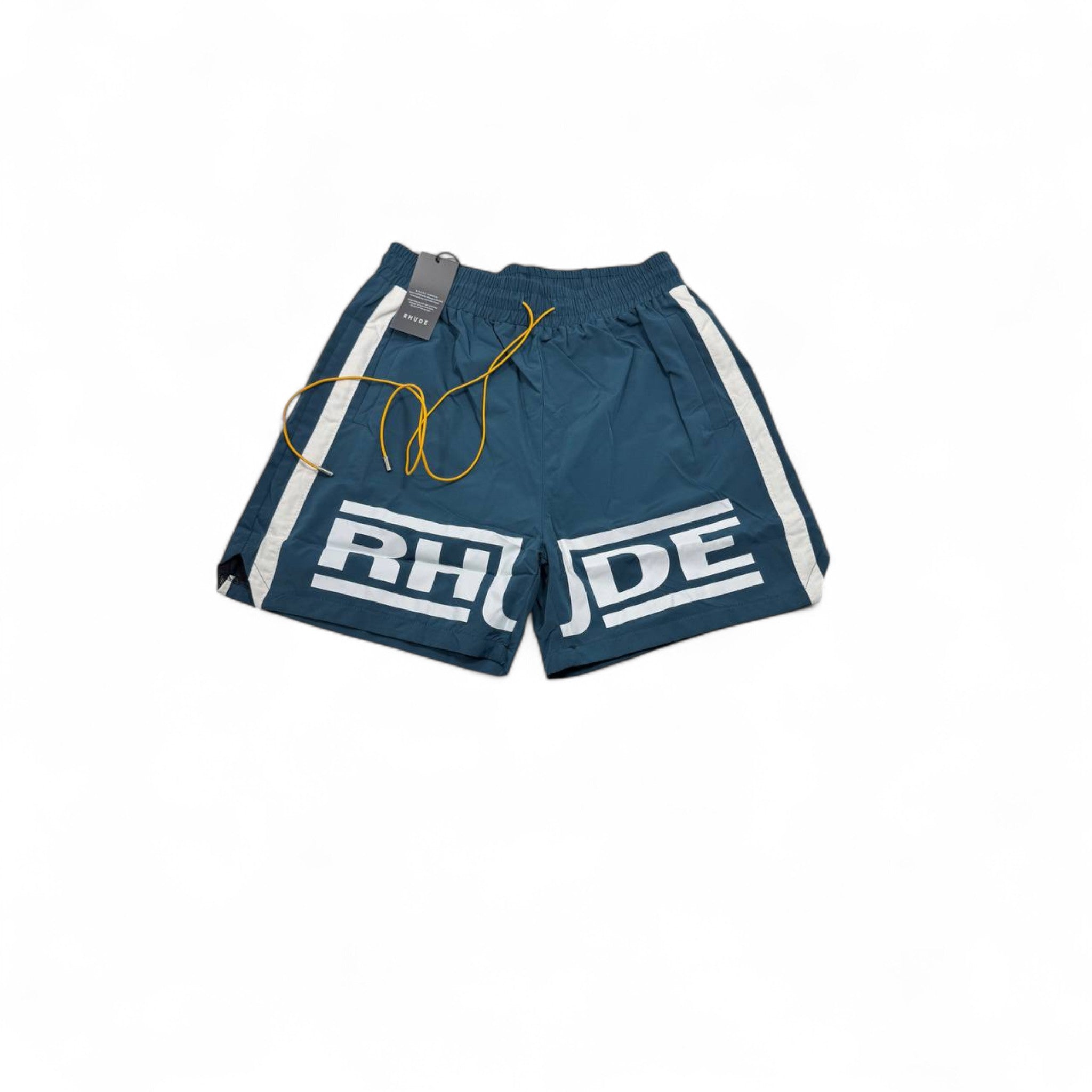 🩵 RHUDE Logo Swim Shorts – Blue with Yellow Drawstring & White Side Stripes